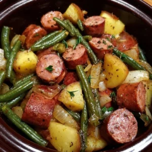 Crockpot sausage with green beans served in a bowl