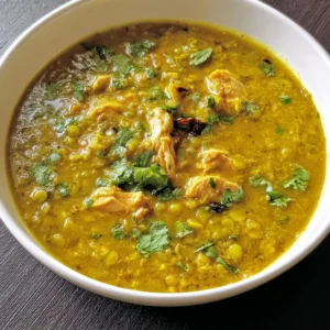 Bowl of delicious Curried Chicken-Lentil Soup garnished with herbs