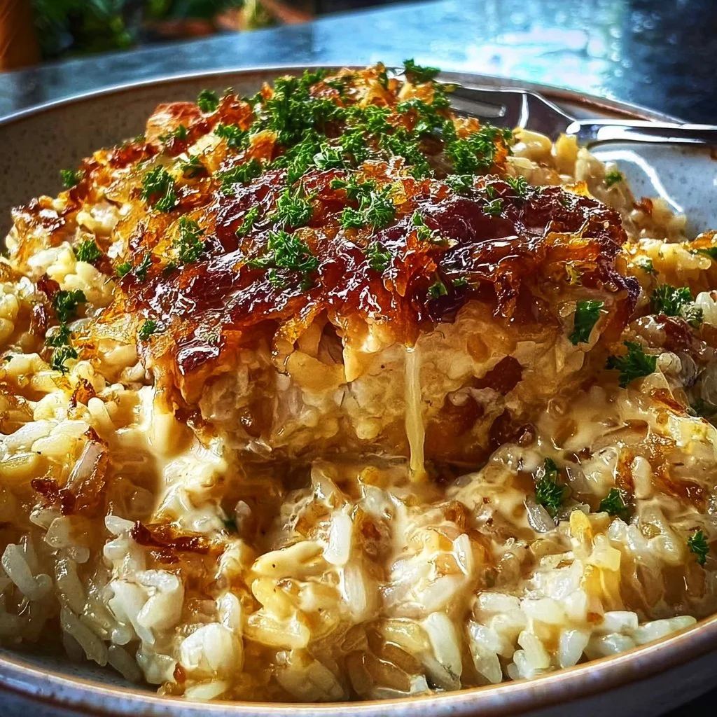 Delicious creamy rice and chicken dish fresh out of the oven