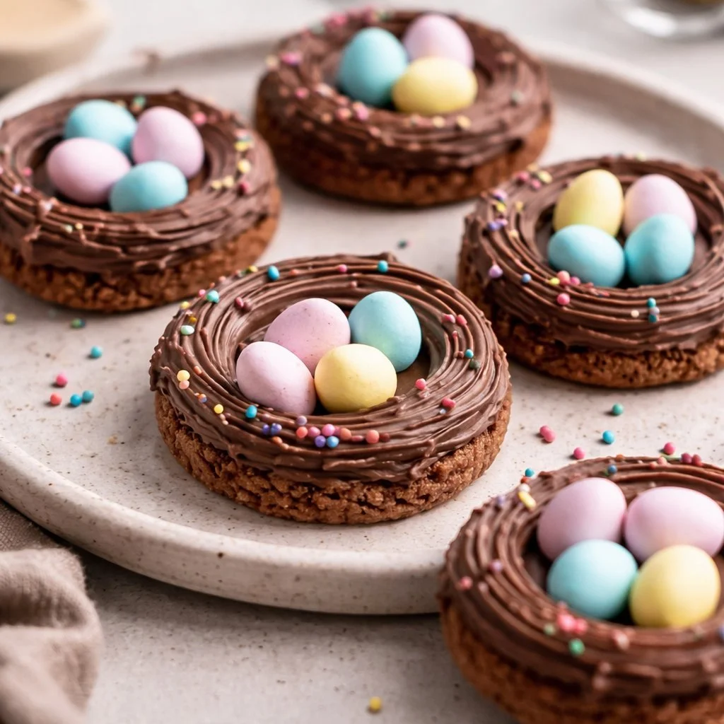 Easter Birds Nest Cookies topped with colorful candy eggs