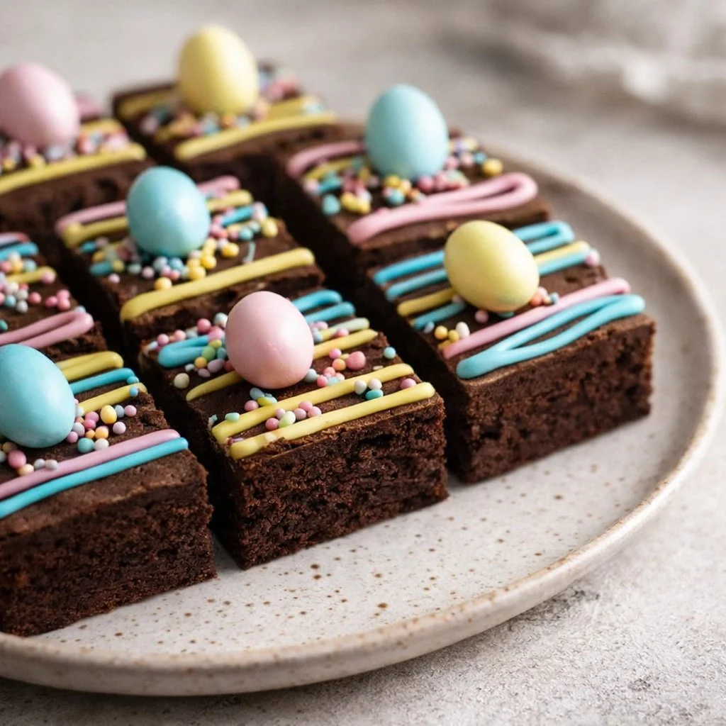 Delicious Easter brownies decorated with colorful frosting and Easter eggs
