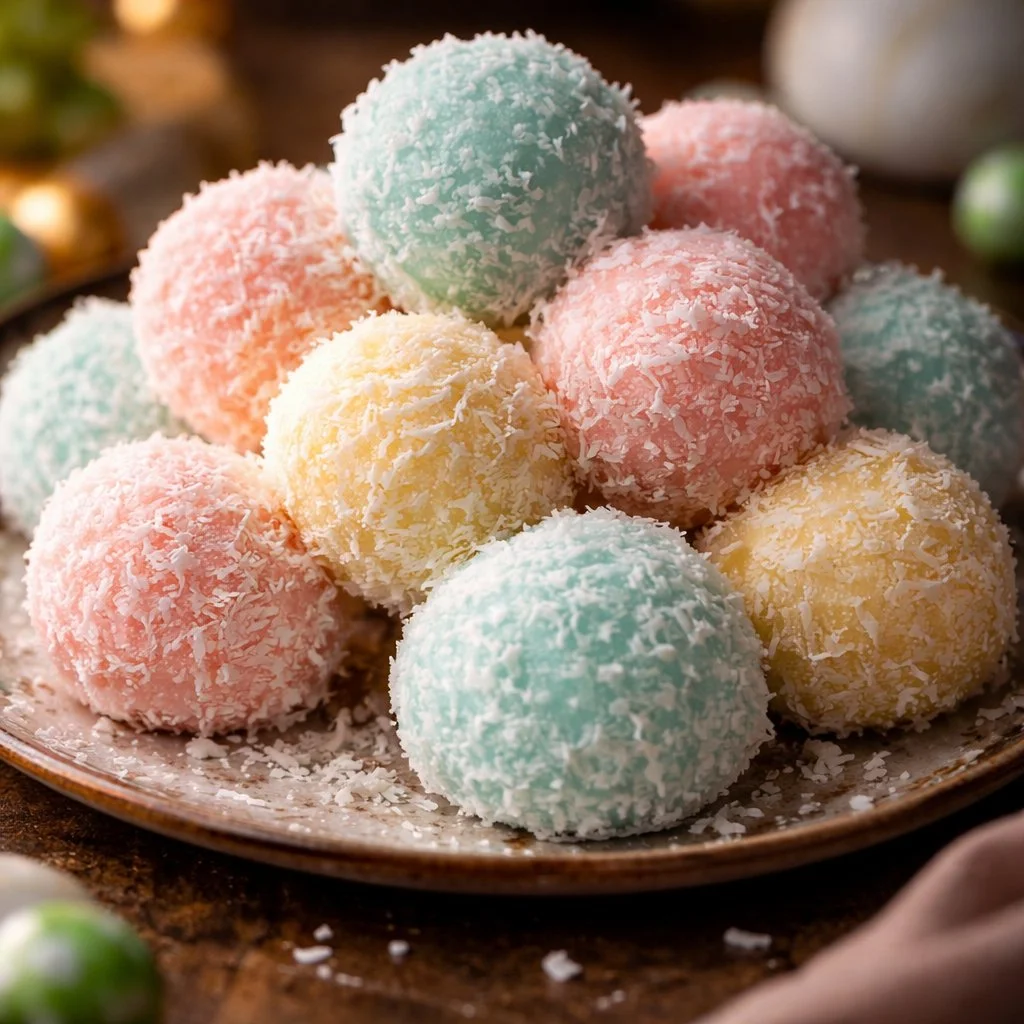 Easter Bunny Coconut Tails dessert with coconut and bunny decorations.