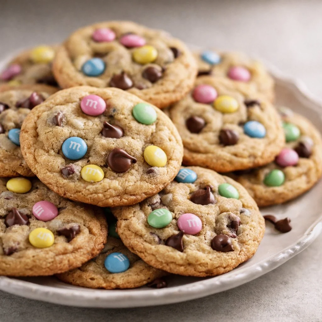 Easter Chocolate Chip M&M Cookies on a plate decorated for the holiday