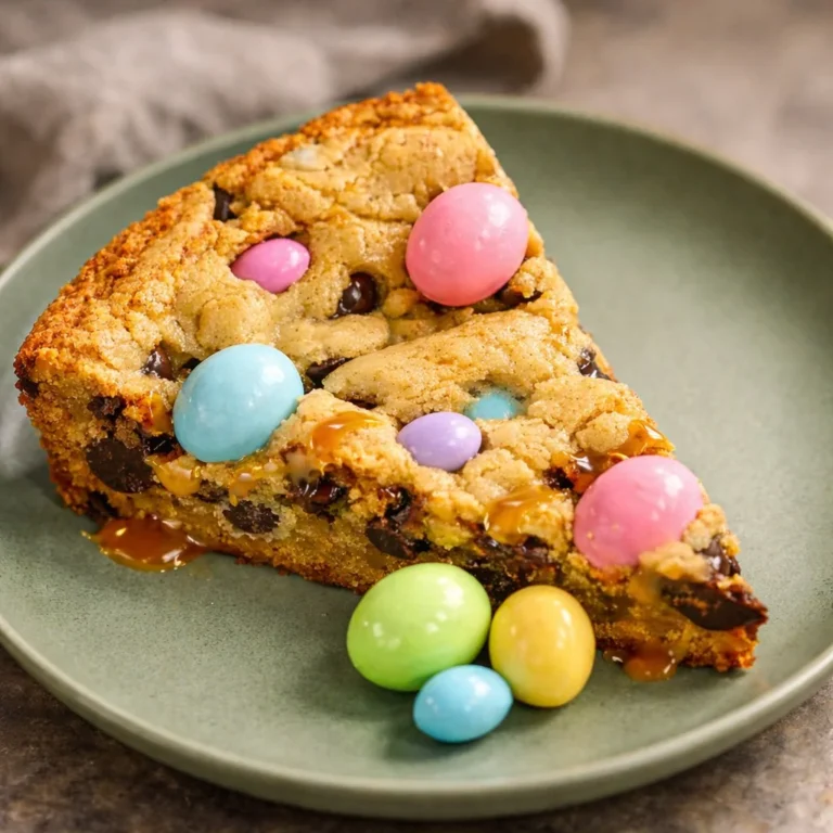 Decorated Easter Cookie Cake with colorful spring toppings and festive design