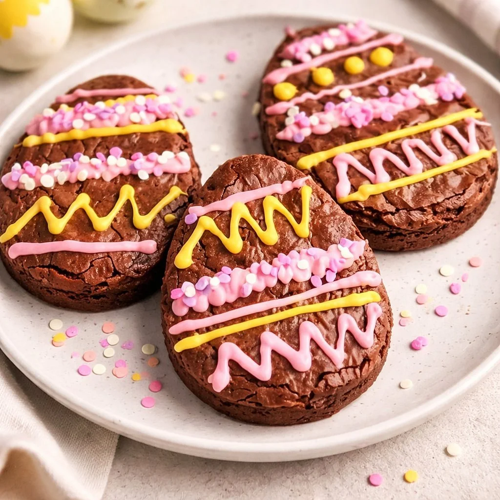 A plate of colorful Easter Egg Brownies decorated with mini chocolate eggs.