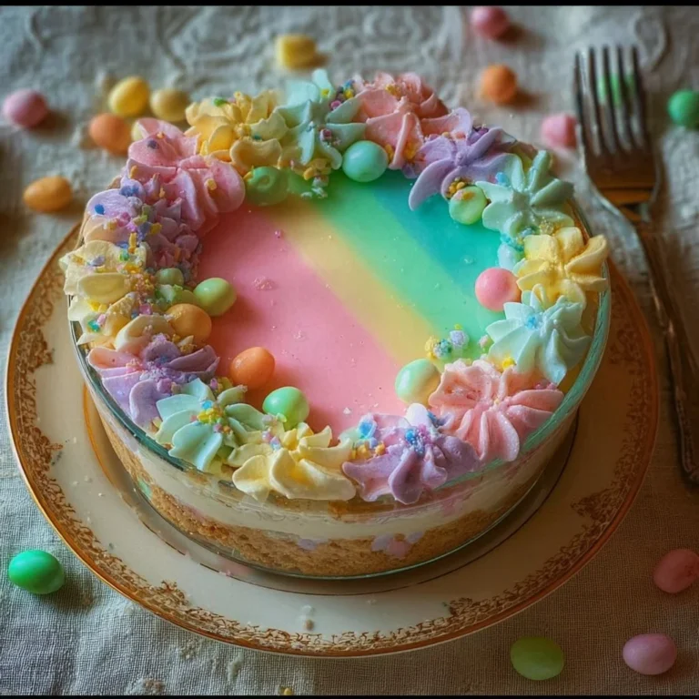 Colorful Easter No Bake Jello Pie topped with whipped cream and fruit