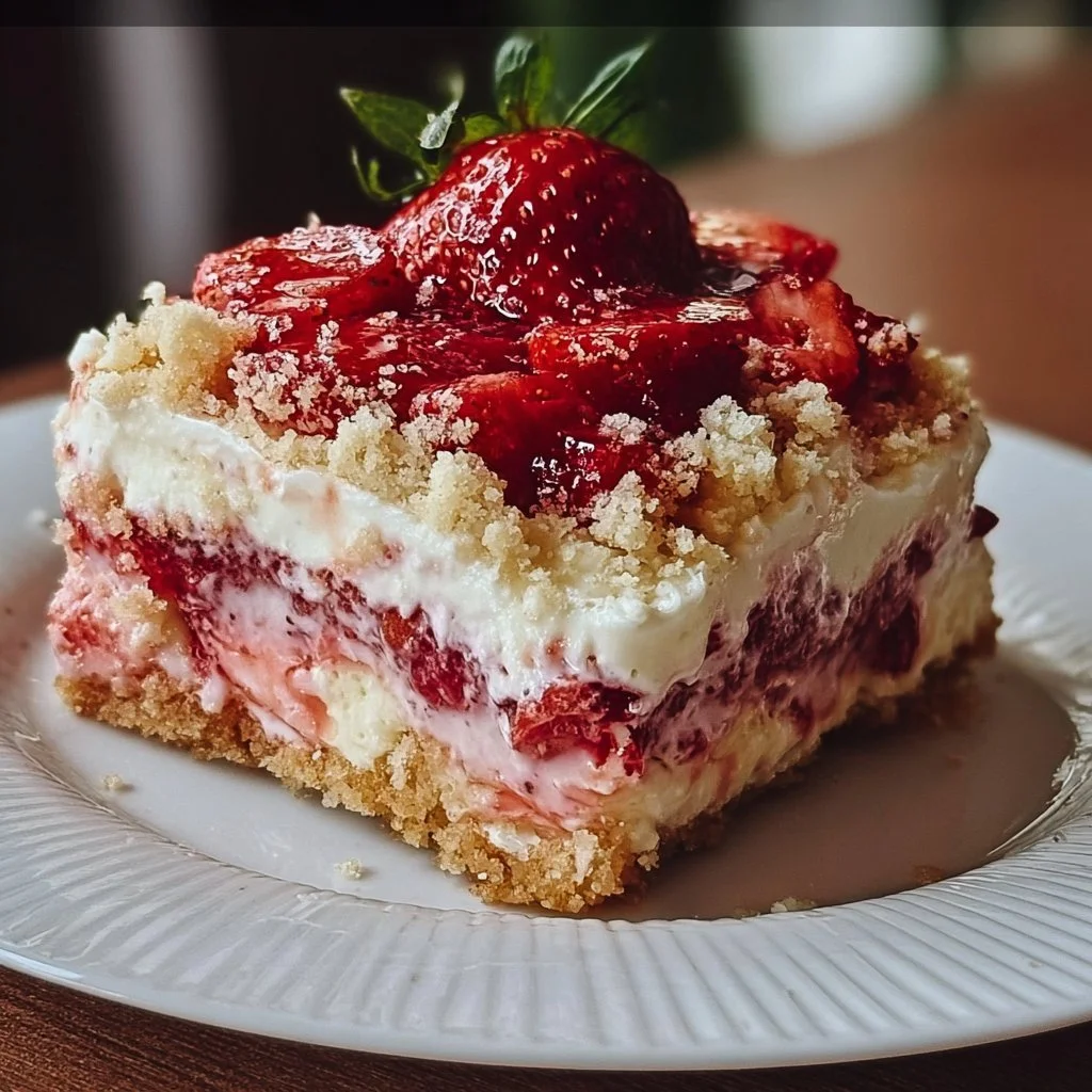 Delicious Easter Strawberry Cheesecake Dump Cake slice on a plate