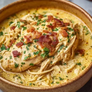 Easy Crock Pot Crack Chicken Delicious Easy Crock Pot Crack Chicken served in a bowl with toppings.