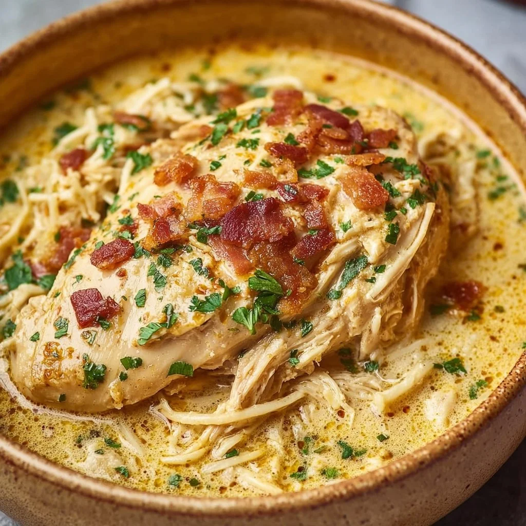 Delicious Easy Crock Pot Crack Chicken served in a bowl with toppings.