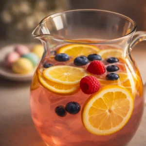 A colorful and refreshing Easy Easter Punch served in a glass pitcher