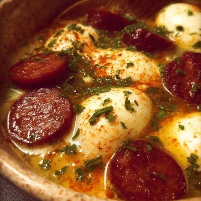 Egg boil with sausage served on a plate, a tasty breakfast dish