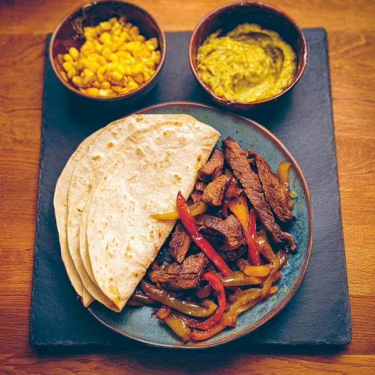 Delicious beef fajitas served with fresh vegetables and tortillas
