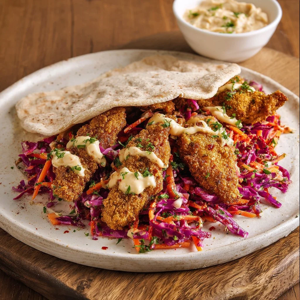 Falafel chicken served with vibrant hummus slaw in a bowl