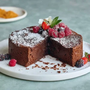 Delicious Flourless Chocolate Cake topped with fresh berries and chocolate drizzle