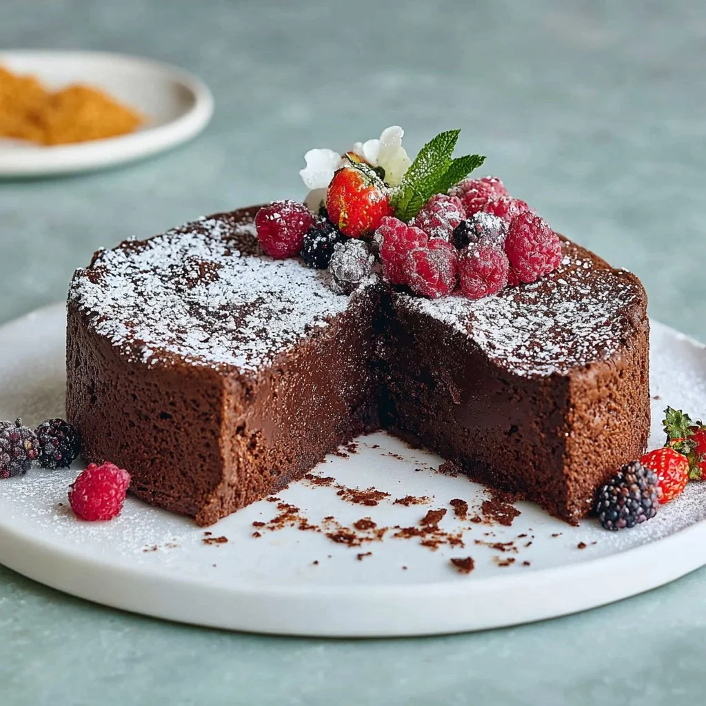 Delicious Flourless Chocolate Cake topped with fresh berries and chocolate drizzle