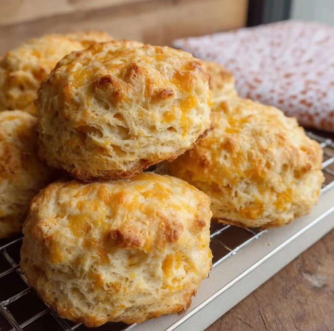 Fluffy cheddar biscuits baked to perfection, golden and delicious.