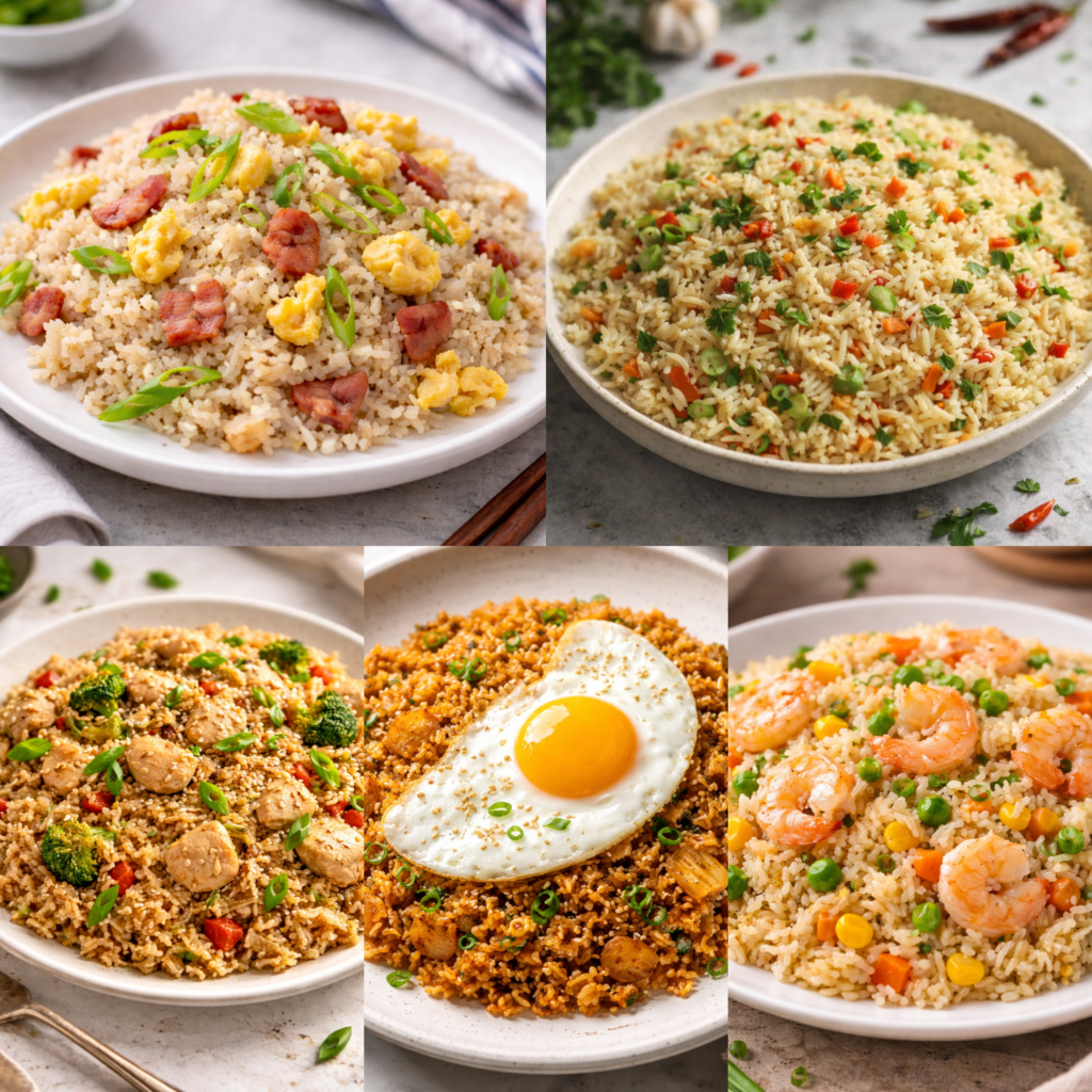 Five bowls of fried rice variations labeled bacon-egg, shrimp, chicken teriyaki, kimchi, plus a veggie-garlic version, with add-ins and sauces listed like a cheat sheet.