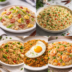 Fried Rice 5 Ways: Bacon Egg, Shrimp, Veggie Garlic, Chicken Teriyaki, Kimchi Five bowls of fried rice variations labeled bacon-egg, shrimp, chicken teriyaki, kimchi, plus a veggie-garlic version, with add-ins and sauces listed like a cheat sheet.