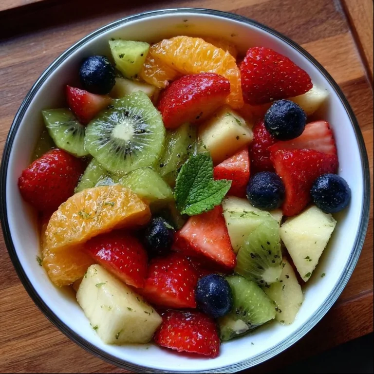 Colorful fruit salad drizzled with honey lime dressing in a bowl