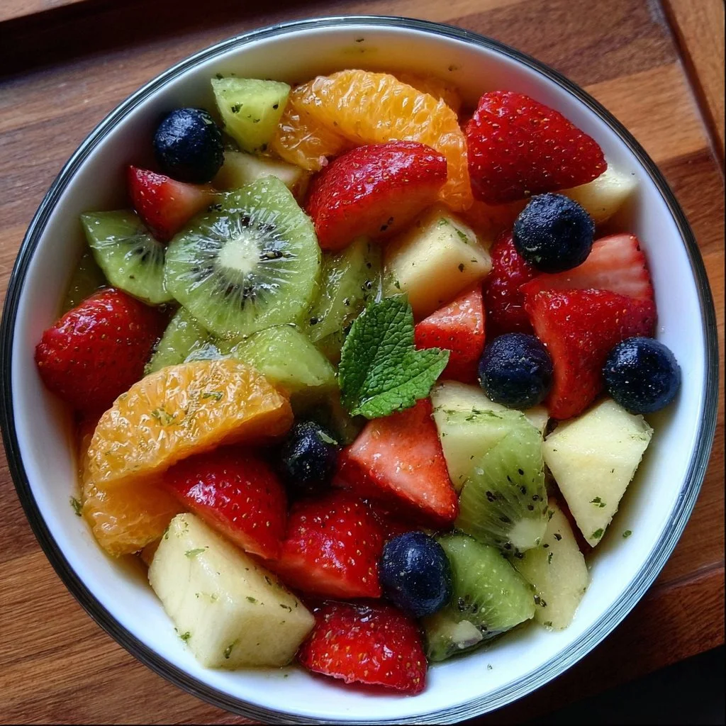 Colorful fruit salad drizzled with honey lime dressing in a bowl