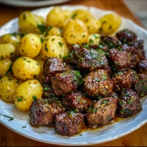 Garlic Butter Beef Bites served with crispy potatoes