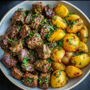 A plate of Garlic Butter Beef Bites served with roasted potatoes.