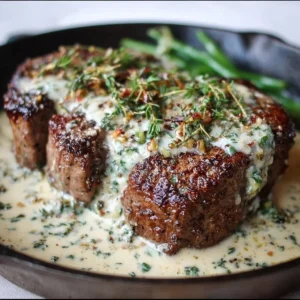 Garlic Butter Steak drizzled with Parmesan Cream Sauce on a plate