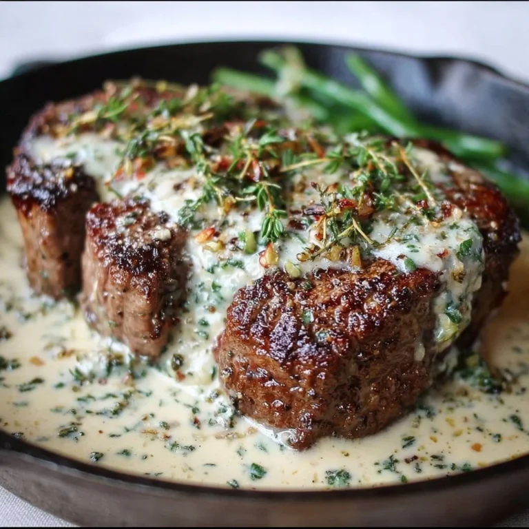 Garlic Butter Steak drizzled with Parmesan Cream Sauce on a plate