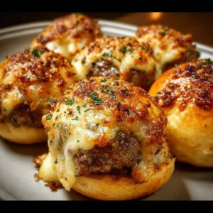 Delicious Garlic Parmesan Cheeseburger Bombs served on a plate.