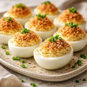 Delicious Garlic Parmesan Deviled Eggs on a serving platter