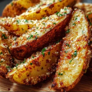 Crispy Garlic Parmesan Potato Wedges served on a plate
