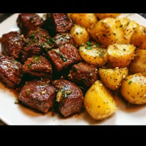 Sizzling garlic steak bites served with crispy potatoes