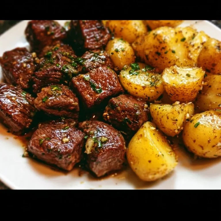 Sizzling garlic steak bites served with crispy potatoes