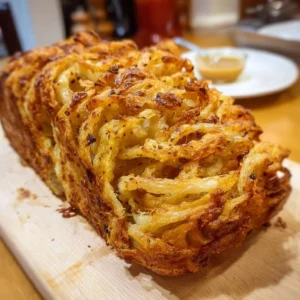 Giant onion loaf, golden brown and cheesy, on a serving platter.