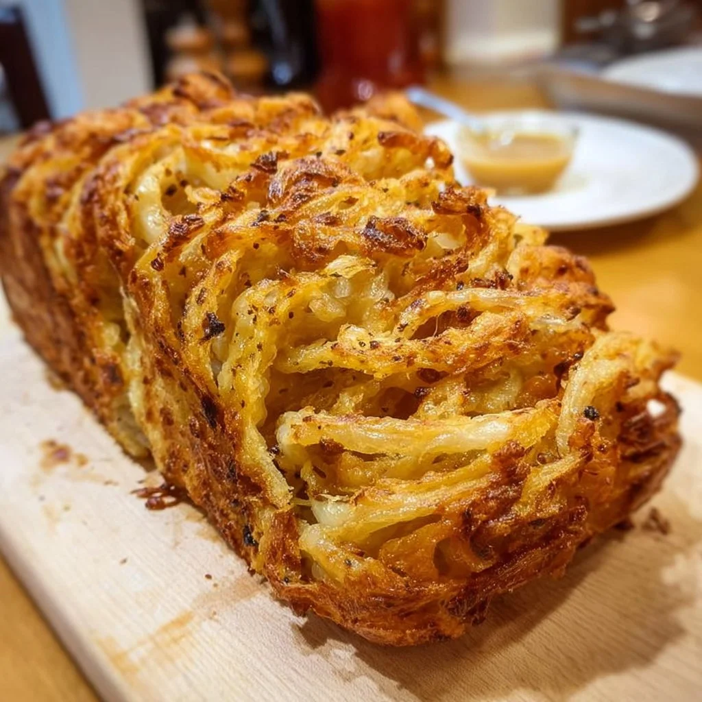 Giant onion loaf, golden brown and cheesy, on a serving platter.