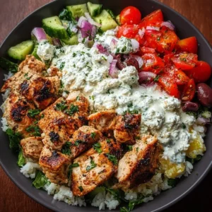 Delicious Greek Chicken Bowl with fresh vegetables and herbs