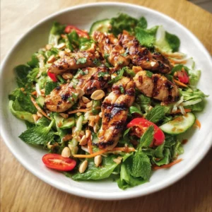 Grilled Chicken Satay Salad Grilled Chicken Satay Salad with fresh vegetables and peanut dressing