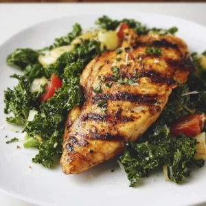 Plate of grilled chicken served with roasted kale for a healthy meal