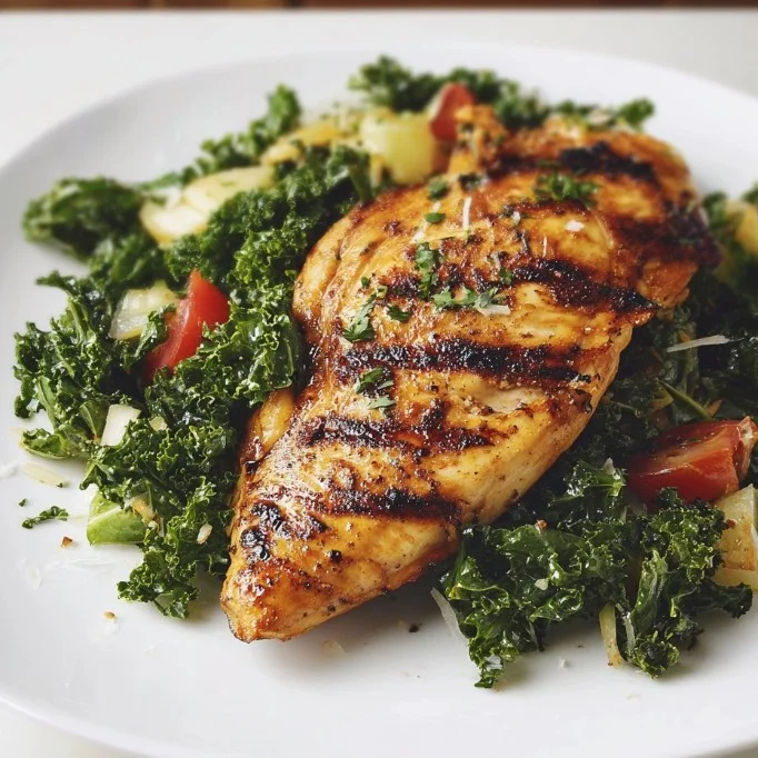 Plate of grilled chicken served with roasted kale for a healthy meal