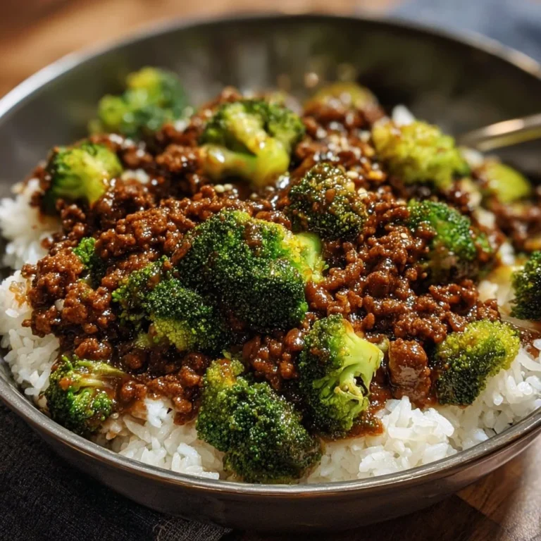Ground beef and broccoli stir-fry served in a bowl with rice