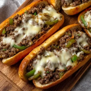 Delicious Ground Beef Philly Cheesesteaks served with melted cheese on a hoagie roll