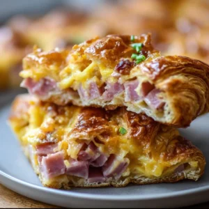 Delicious ham and cheese croissant brunch bake, golden and cheesy.