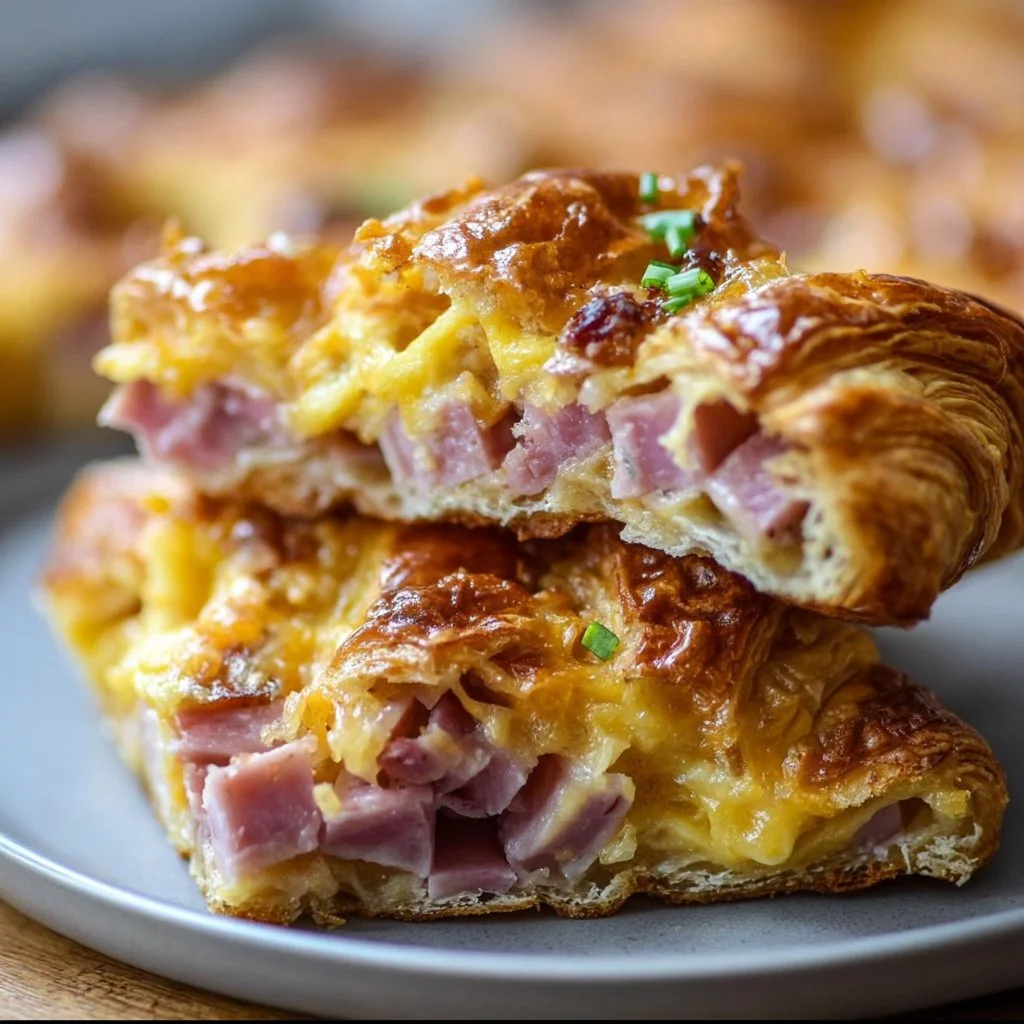 Delicious ham and cheese croissant brunch bake, golden and cheesy.