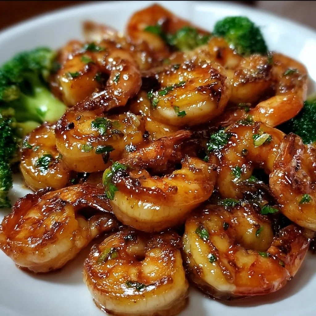 High-protein honey garlic shrimp dish garnished with green onions and sesame seeds.