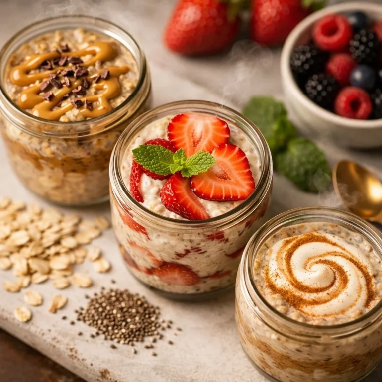 Bowl of high protein overnight oats topped with fruits and nuts