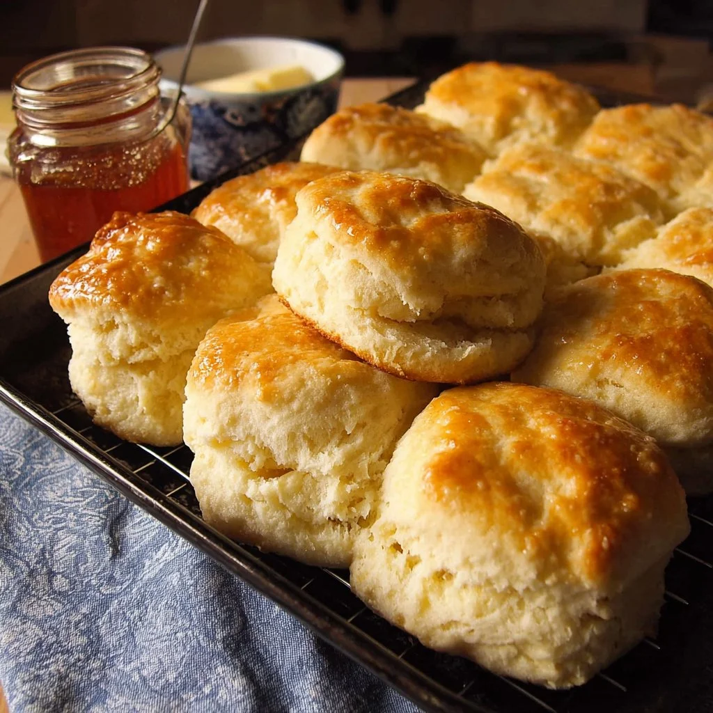 Homemade angel biscuits served with butter on a plate