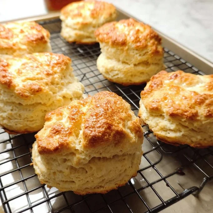 Homemade cathead biscuits served on a plate with butter and jam.