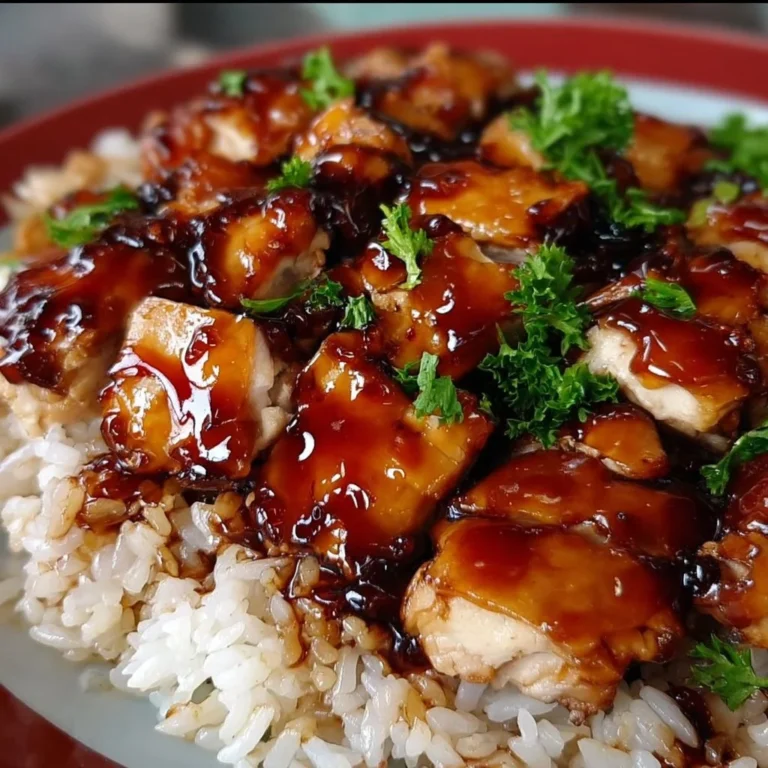 Delicious Honey BBQ Chicken served on a bed of rice.