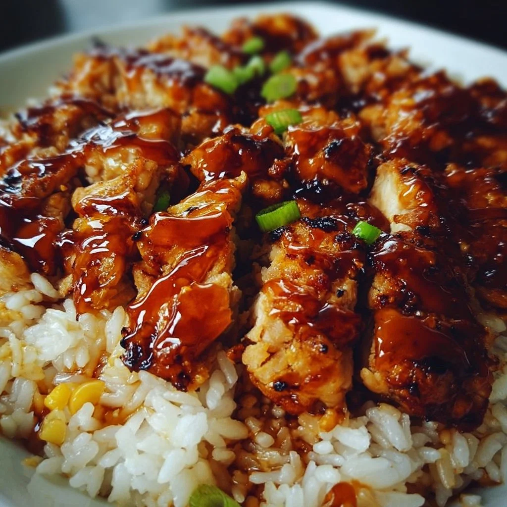 Delicious Honey BBQ Chicken served over fluffy rice for a flavorful meal