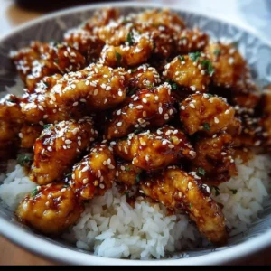 Plate of Honey Garlic Chicken garnished with green onions and sesame seeds